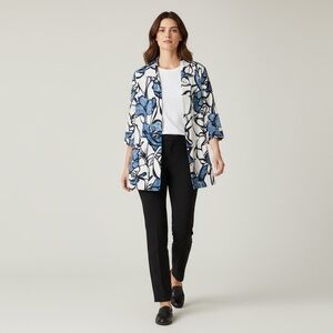 Chicos Navy Linen Blend Navy Black Pattern Open Front Jacket Career Art to Wear